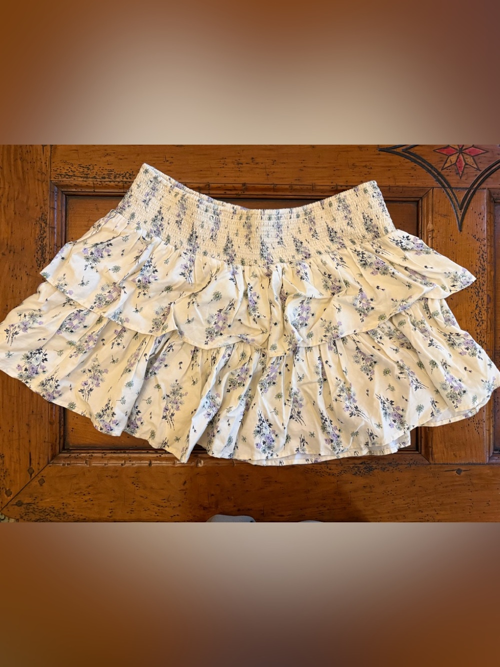 Aerie- Smocked Waist Cream Floral Tiered Mini Skirt, XL